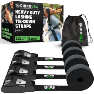 imageRhino USA Lashing Straps Cargo Tie Downs 4PK  1320lb lab Inspected Max Break Strength Includes 4 Heavy Duty 1in x 12ft Cam Buckle Pull Straps Best for Kayak Cooler CargoBlack
