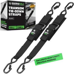 imageRhino USA Retractable Boat Trailer Tie Down Straps 2PK  Durable 2in x 43in Trailer Mount Transom Straps for Boat Jet Ski  Powder Coated Black Steel  Fresh Water CompatibleBlack