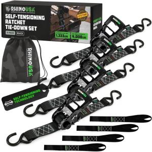 imageRhino USA Self Tensioning Ratchet Tie Down Straps 2PK 16INX15FT  Heavy Duty Patented Cargo Strap Keeps Tension When Your Load Shifts  Used for Motorcycle ATV UTV Truck General Cargo ampamp More4Pack