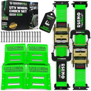 imageRhino USA Wheel Chock Tie Down Kit 4500lb Break Strength 2 Heavy Duty Trailer Tire Ratchet Straps 4 Wheel Chocks  E Track System for ATV UTV Lawn Mower Four Wheeler  GreenGreen