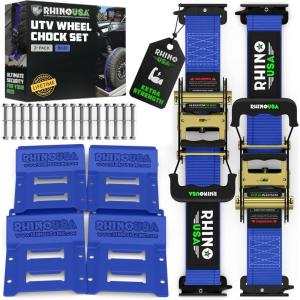 imageRhino USA Wheel Chock Tie Down Kit 4500lb Break Strength 2 Heavy Duty Trailer Tire Ratchet Straps 4 Wheel Chocks  E Track System for ATV UTV Lawn Mower Four Wheeler  GreenBlue