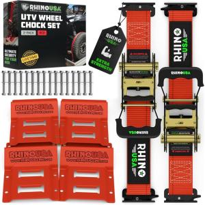 imageRhino USA Wheel Chock Tie Down Kit 4500lb Break Strength 2 Heavy Duty Trailer Tire Ratchet Straps 4 Wheel Chocks  E Track System for ATV UTV Lawn Mower Four Wheeler  GreenRed