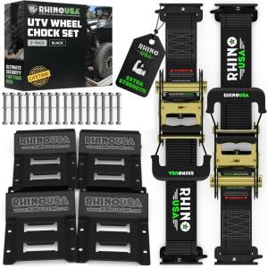 imageRhino USA Wheel Chock Tie Down Kit 4500lb Break Strength 2 Heavy Duty Trailer Tire Ratchet Straps 4 Wheel Chocks  E Track System for ATV UTV Lawn Mower Four Wheeler  GreenBlack