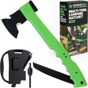 imageRhino USA Camping Hatchet with Integrated Folding Saw and Fire Starter  Essential Camping Gear for Survial Hiking or HuntingGreen