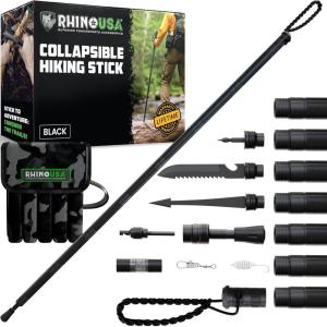 imageRhino USA Tactical Hiking Stick with Integrated Survival Kit  Essential Camping Gear for Hiking ampamp Trekking  Durable Tactical Gear for Outdoor AdventuresBlack