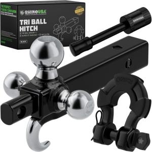 imageRhino USA Trailer Hitch TriBall Mount with Hook Shackle amp Locking Pin 2Inch Receiver Versatile Tow Hitch Ball Size 178 Inch 2 Inch amp 2516  Heavy Duty Truck Towing Hitch Black178 IN  2 IN  2516 IN