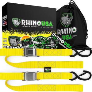 imageRhino USA Motorcycle Tie Down Straps 2 Pack Lab Inspected 2200lb Break Strength Steel Cambuckle Tiedown Set with Integrated Soft Loops  Better Than a Ratchet Strap YLW 2PackBlack