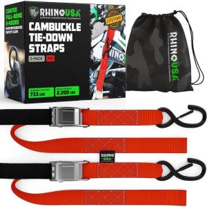 imageRhino USA Motorcycle Tie Down Straps 2 Pack Lab Inspected 2200lb Break Strength Steel Cambuckle Tiedown Set with Integrated Soft Loops  Better Than a Ratchet Strap YLW 2PackRed 2Pack